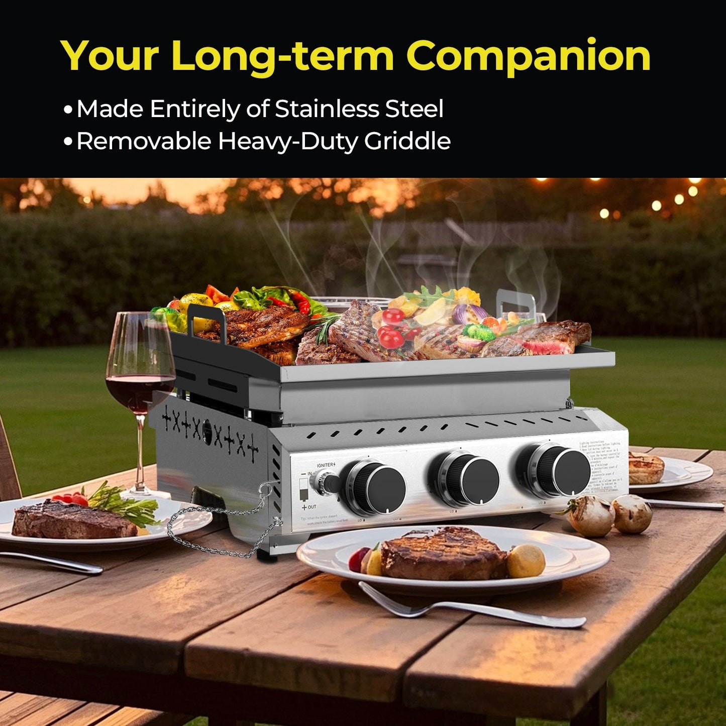 R.W.FLAME 24,000 BTU 3-Burner Stainless Steel Tabletop Grill – Ideal for BBQ, Camping & Picnic Use