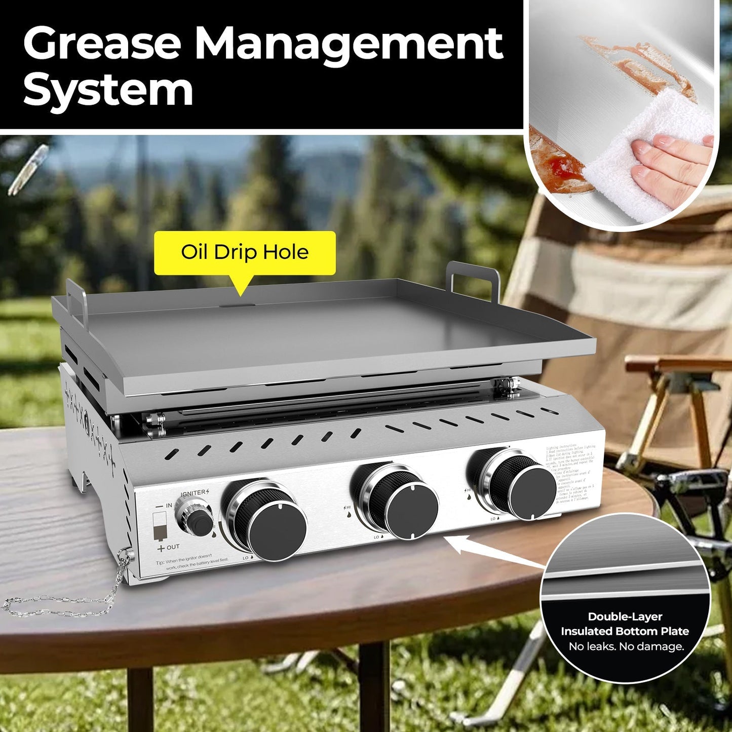 R.W.FLAME 24,000 BTU 3-Burner Stainless Steel Tabletop Grill – Ideal for BBQ, Camping & Picnic Use