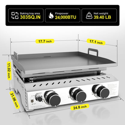 R.W.FLAME 24,000 BTU 3-Burner Stainless Steel Tabletop Grill – Ideal for BBQ, Camping & Picnic Use