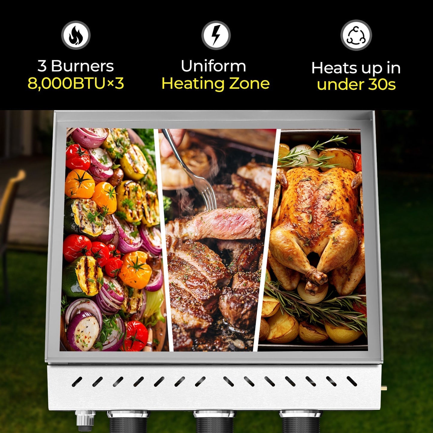 R.W.FLAME 24,000 BTU 3-Burner Stainless Steel Tabletop Grill – Ideal for BBQ, Camping & Picnic Use