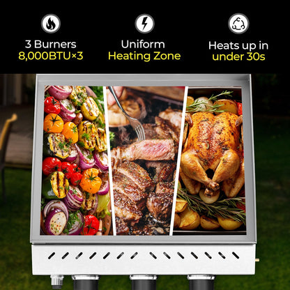 R.W.FLAME 24,000 BTU 3-Burner Stainless Steel Tabletop Grill – Ideal for BBQ, Camping & Picnic Use