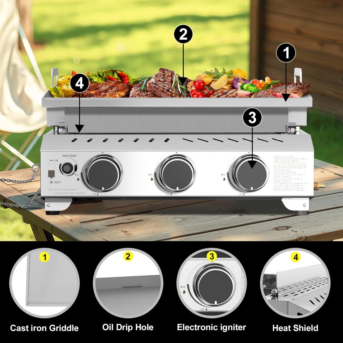 R.W.FLAME 24,000 BTU 3-Burner Stainless Steel Tabletop Grill – Ideal for BBQ, Camping & Picnic Use