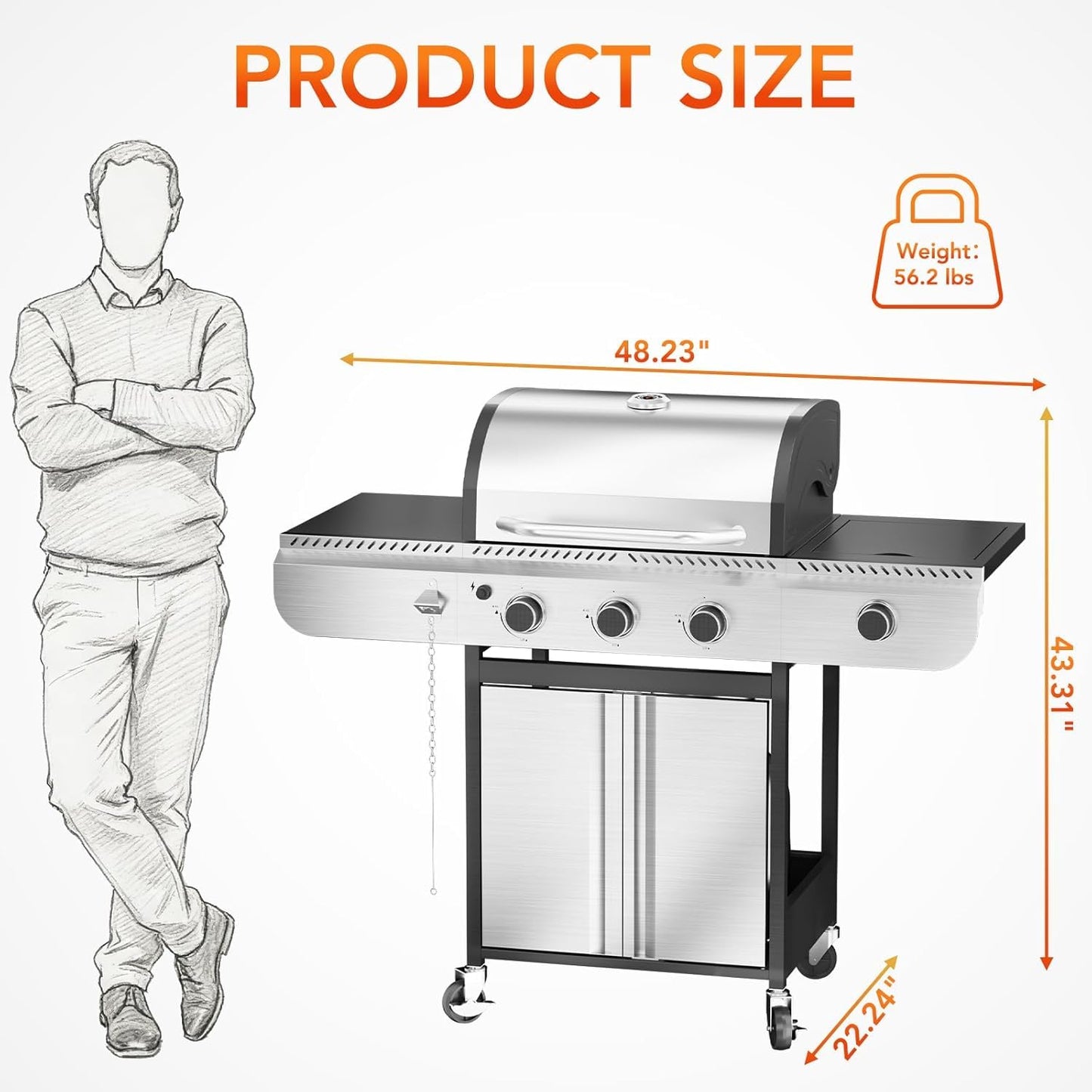 34,000 BTU 3-Burner Stainless Steel Propane Gas Grill with Side Burner & Porcelain-Enameled Cooking Grates