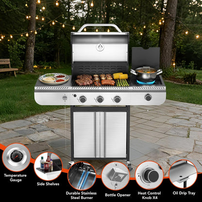 34,000 BTU 3-Burner Stainless Steel Propane Gas Grill with Side Burner & Porcelain-Enameled Cooking Grates