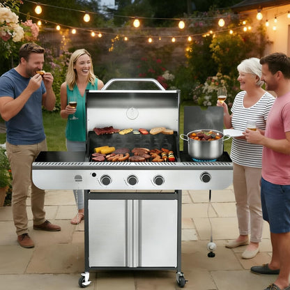 34,000 BTU 3-Burner Stainless Steel Propane Gas Grill with Side Burner & Porcelain-Enameled Cooking Grates