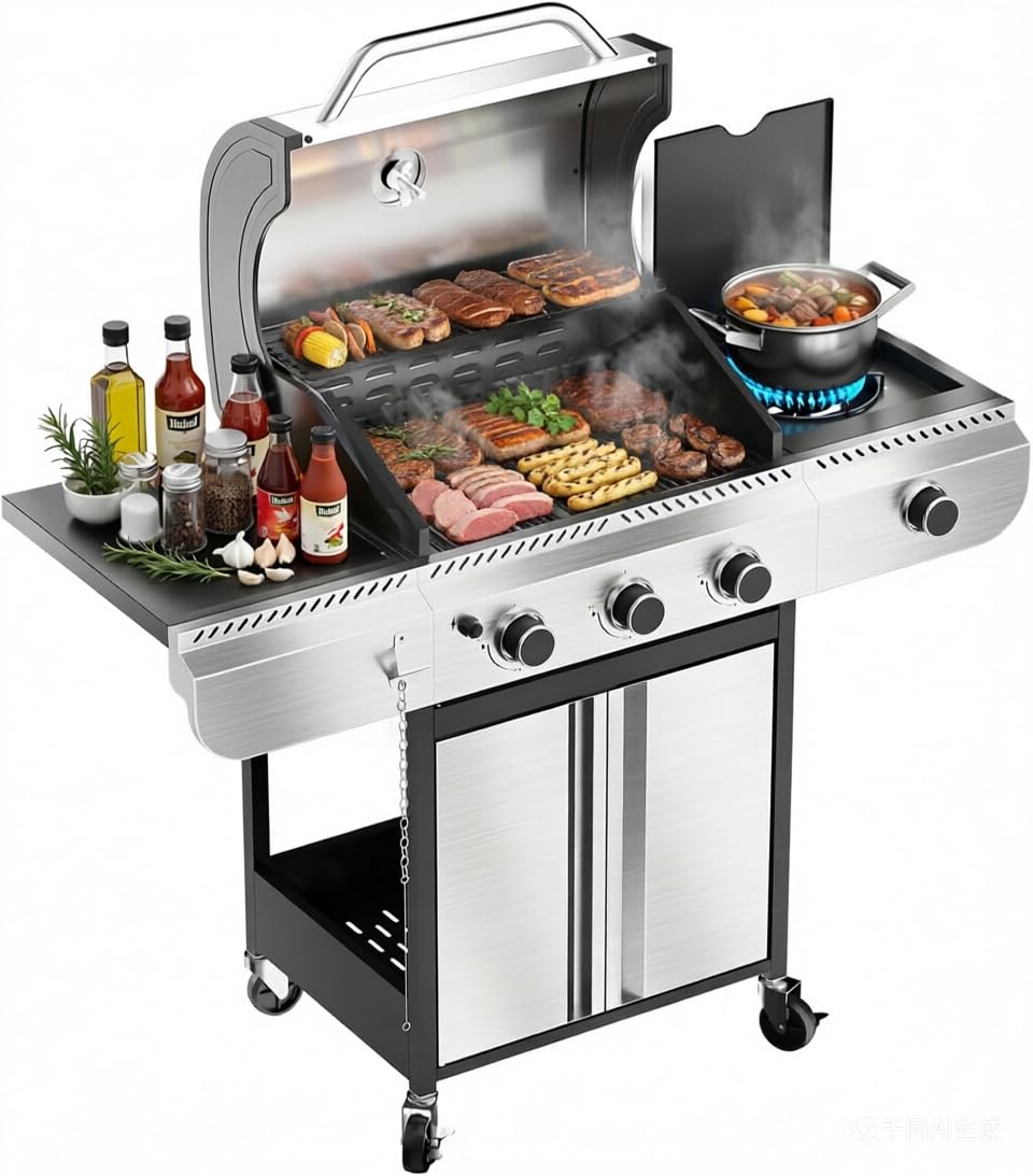 34,000 BTU 3-Burner Stainless Steel Propane Gas Grill with Side Burner & Porcelain-Enameled Cooking Grates
