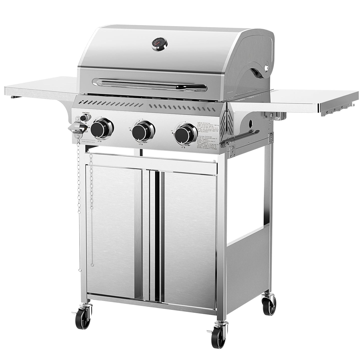 24,000 BTU 3-Burner Stainless Steel Propane Gas Grill with Folding Side Tables