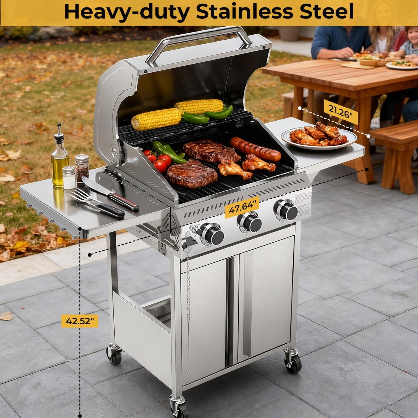 24,000 BTU 3-Burner Stainless Steel Propane Gas Grill with Folding Side Tables