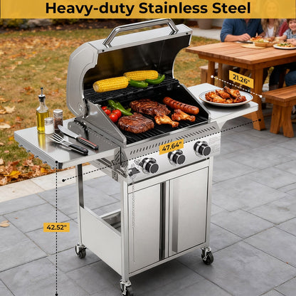 24,000 BTU 3-Burner Stainless Steel Propane Gas Grill with Folding Side Tables