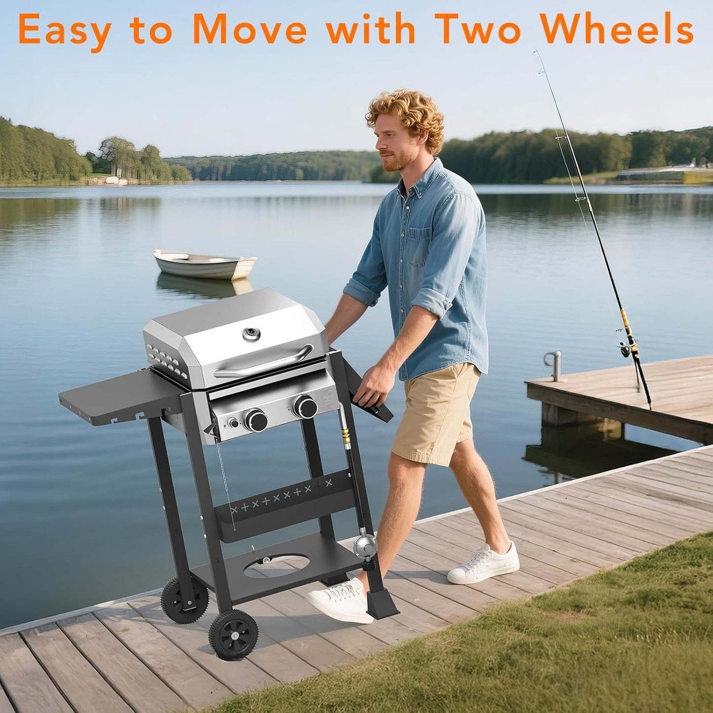 Stainless Steel 2-Burner Propane Gas Grill, 16,000 BTU Featuring Side Storage Shelves