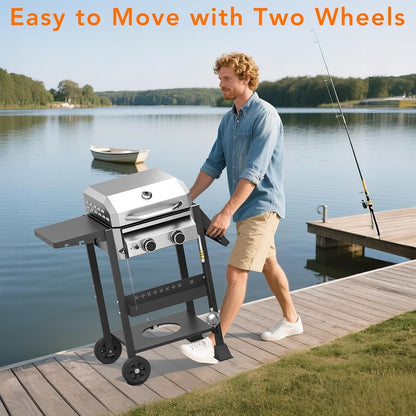 Stainless Steel 2-Burner Propane Gas Grill, 16,000 BTU Featuring Side Storage Shelves