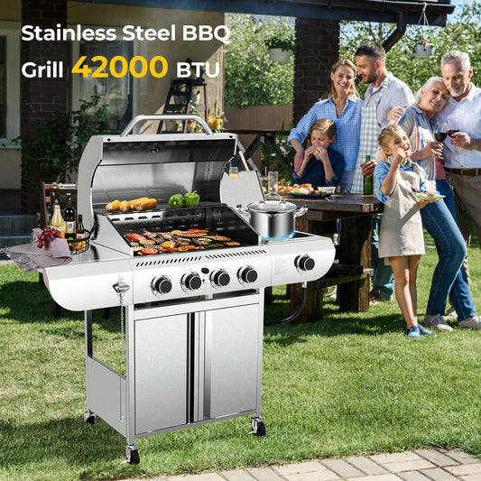 Stainless Steel 4-Burner Propane Grill 42000 BTU Including Side Burner