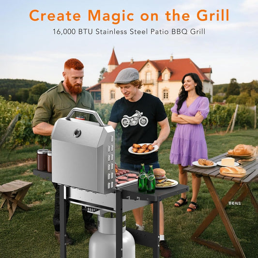 Stainless Steel 2-Burner Propane Gas Grill, 16,000 BTU Featuring Side Storage Shelves