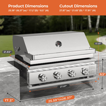 32000 BTU 28" Built-In 4-Burner Propane Grill with All-Thickened 304 Stainless Steel Construction