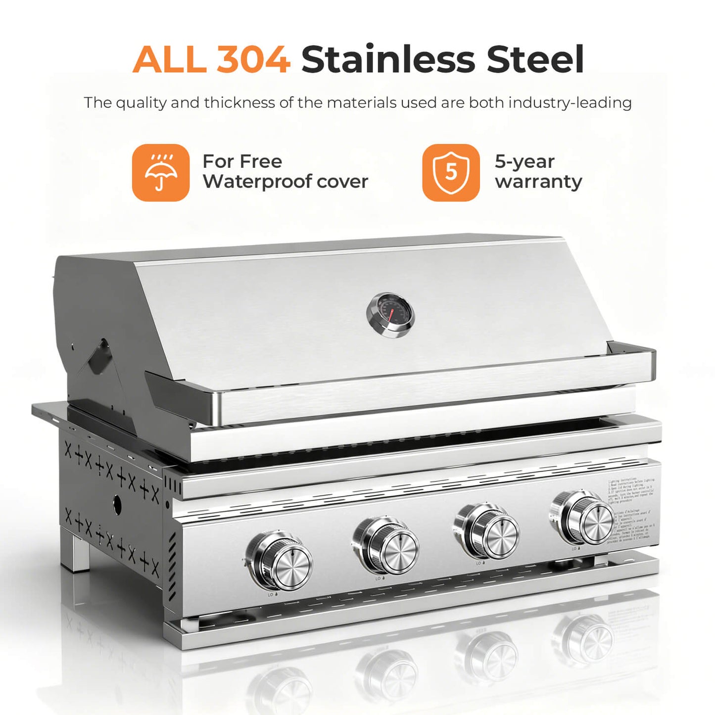 32000 BTU 28" Built-In 4-Burner Propane Grill with All-Thickened 304 Stainless Steel Construction
