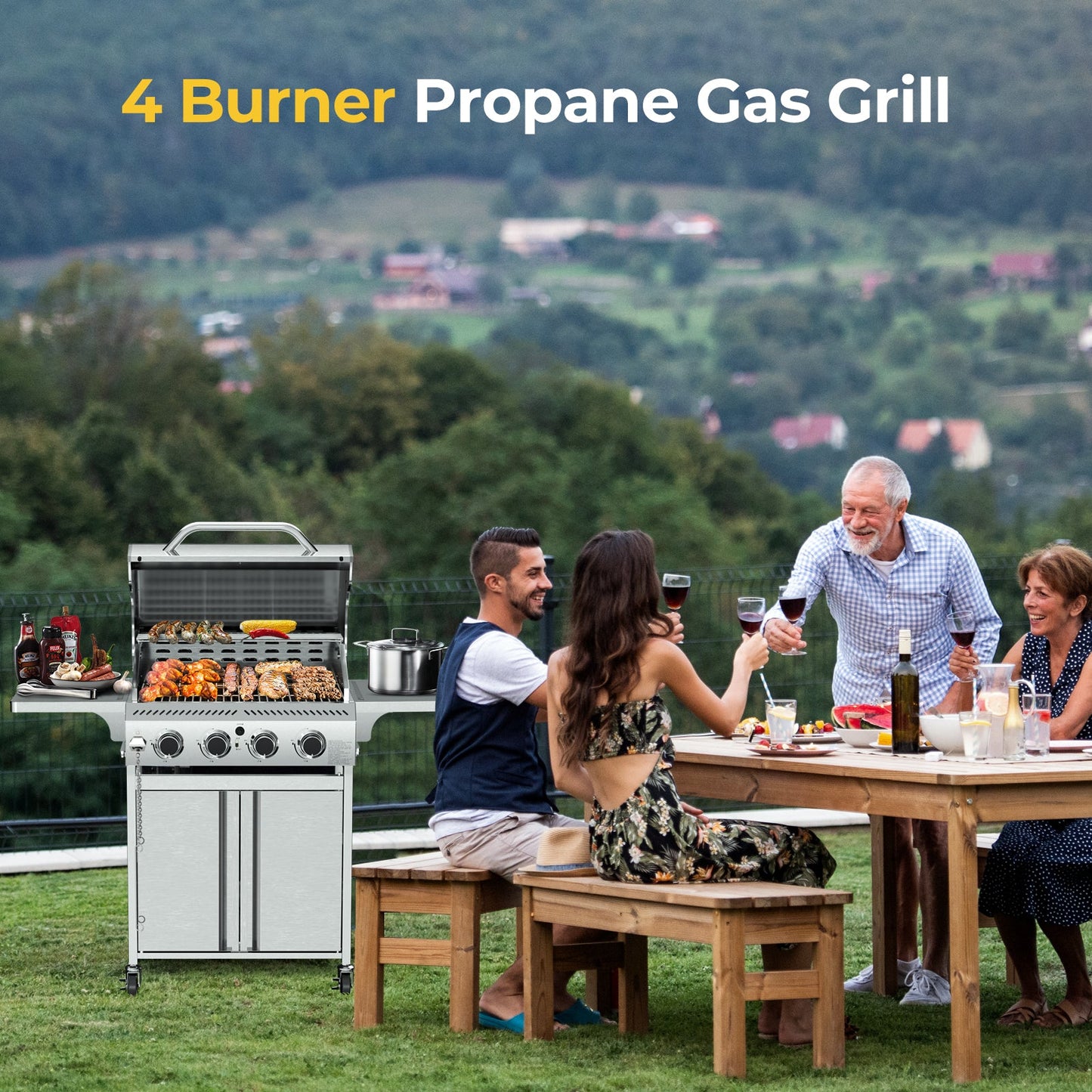 32,000 BTU 4-Burner Stainless Steel Propane Gas Grill with Folding Side Tables