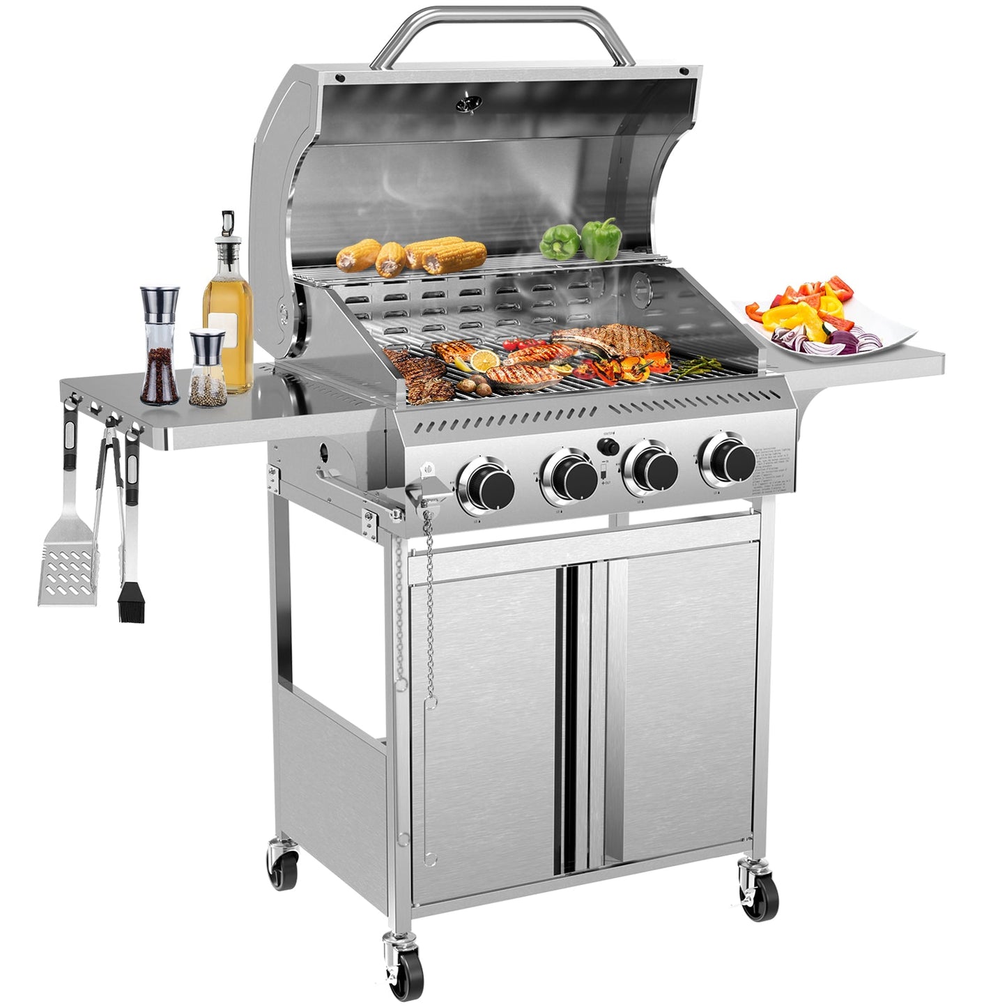 32,000 BTU 4-Burner Stainless Steel Propane Gas Grill with Folding Side Tables