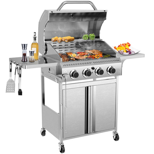 32,000 BTU 4-Burner Stainless Steel Propane Gas Grill with Folding Side Tables