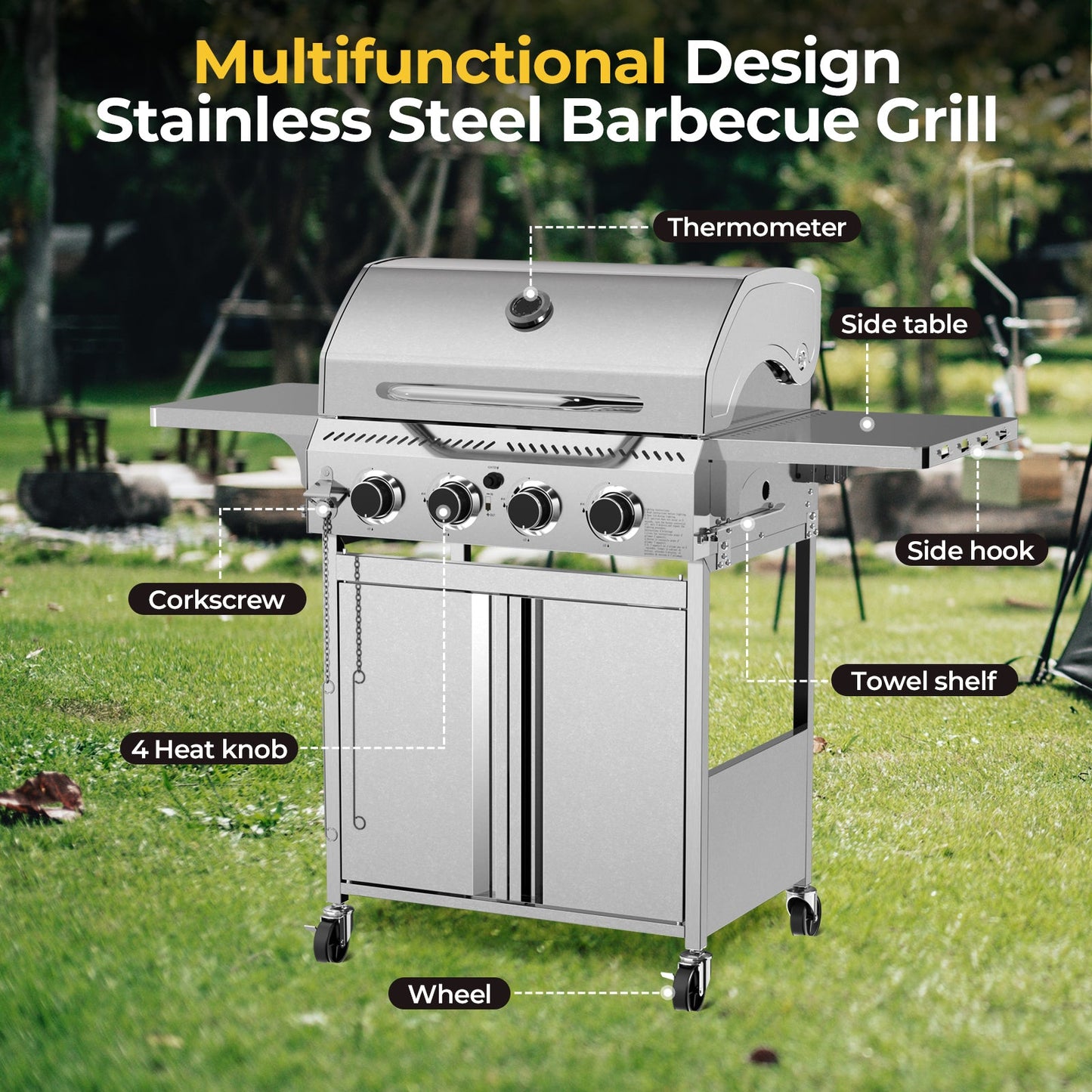 32,000 BTU 4-Burner Stainless Steel Propane Gas Grill with Folding Side Tables