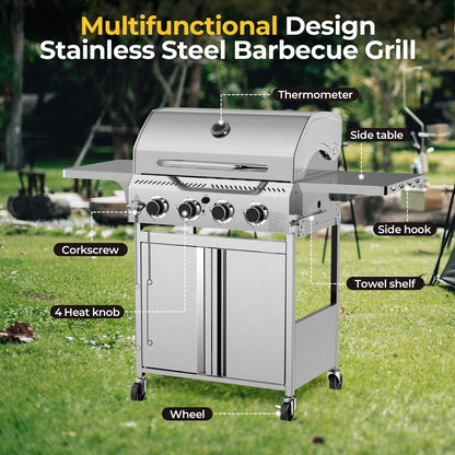 32,000 BTU 4-Burner Stainless Steel Propane Gas Grill with Folding Side Tables