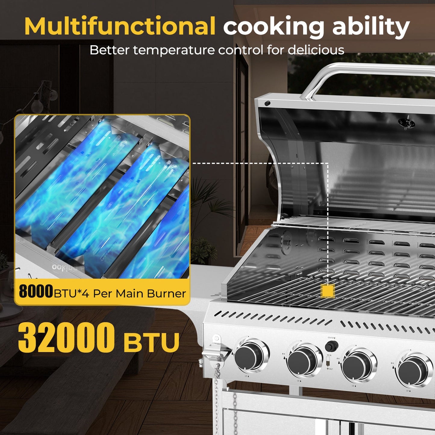 32,000 BTU 4-Burner Stainless Steel Propane Gas Grill with Folding Side Tables