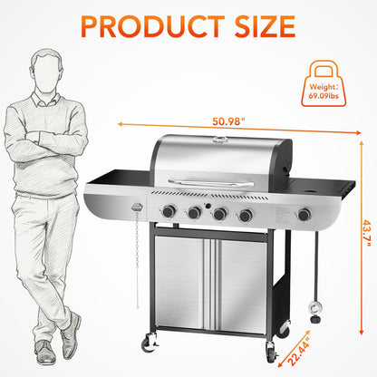 42,000 BTU 4-Burner Stainless Steel Propane Gas Grill with Side Burner and Porcelain-Enameled Gratesd Grates