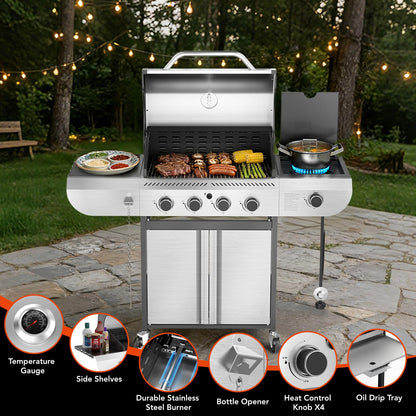 42,000 BTU 4-Burner Stainless Steel Propane Gas Grill with Side Burner and Porcelain-Enameled Gratesd Grates