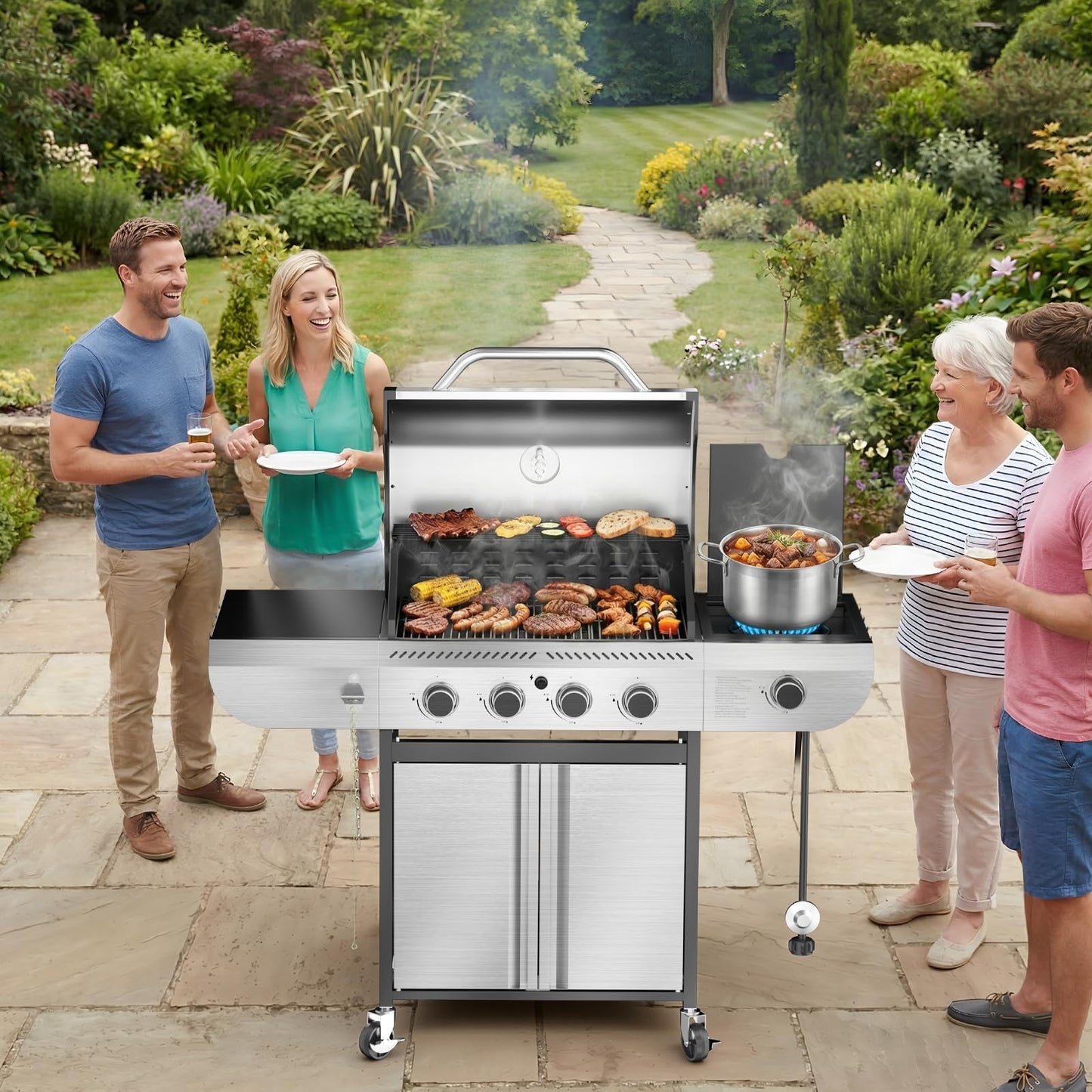 42,000 BTU 4-Burner Stainless Steel Propane Gas Grill with Side Burner and Porcelain-Enameled Gratesd Grates