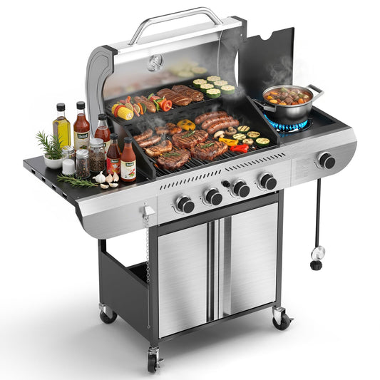 42,000 BTU 4-Burner Stainless Steel Propane Gas Grill with Side Burner and Porcelain-Enameled Gratesd Grates