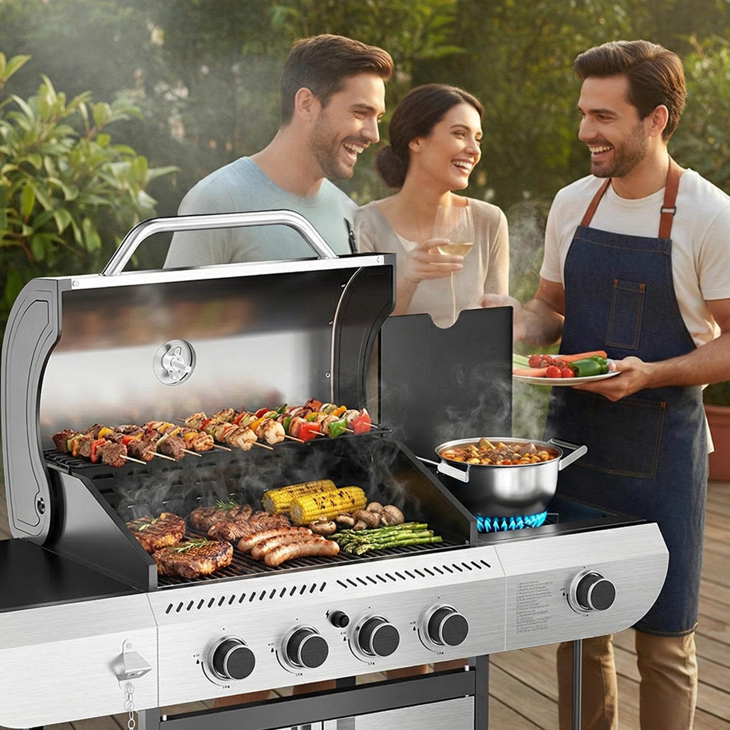 42,000 BTU 4-Burner Stainless Steel Propane Gas Grill with Side Burner and Porcelain-Enameled Gratesd Grates