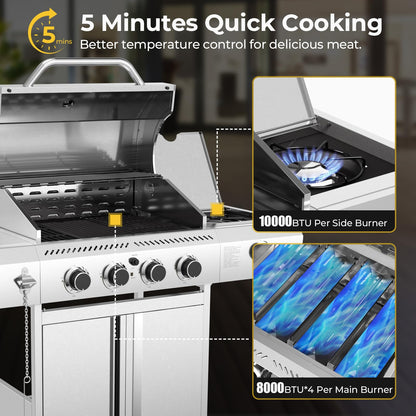 Stainless Steel 4-Burner Propane Grill 42000 BTU Including Side Burner