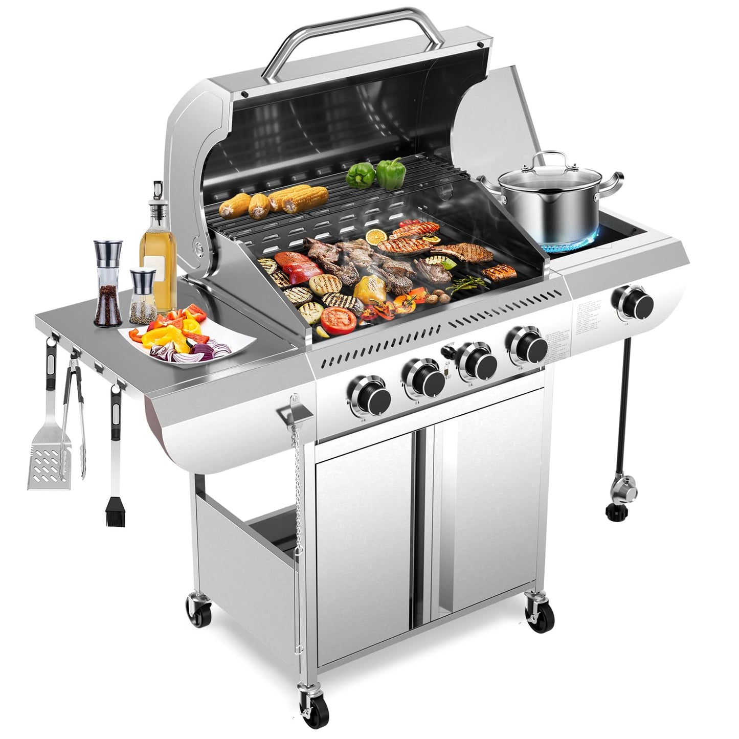Stainless Steel 4-Burner Propane Grill 42000 BTU Including Side Burner