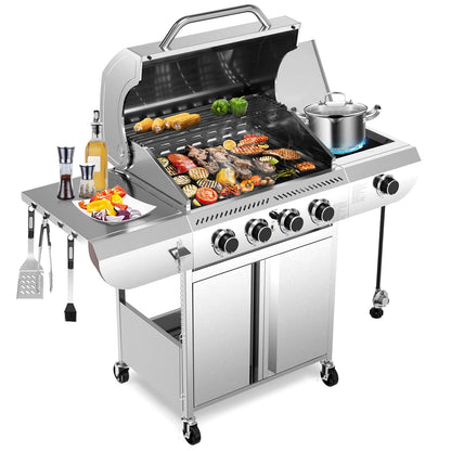 Stainless Steel 4-Burner Propane Grill 42000 BTU Including Side Burner