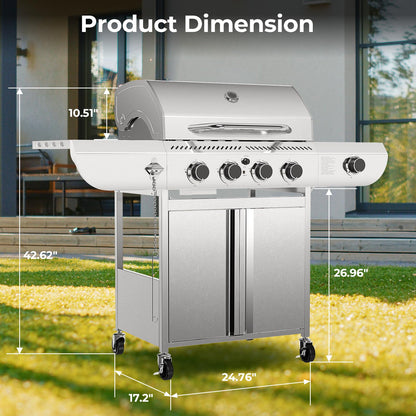 Stainless Steel 4-Burner Propane Grill 42000 BTU Including Side Burner