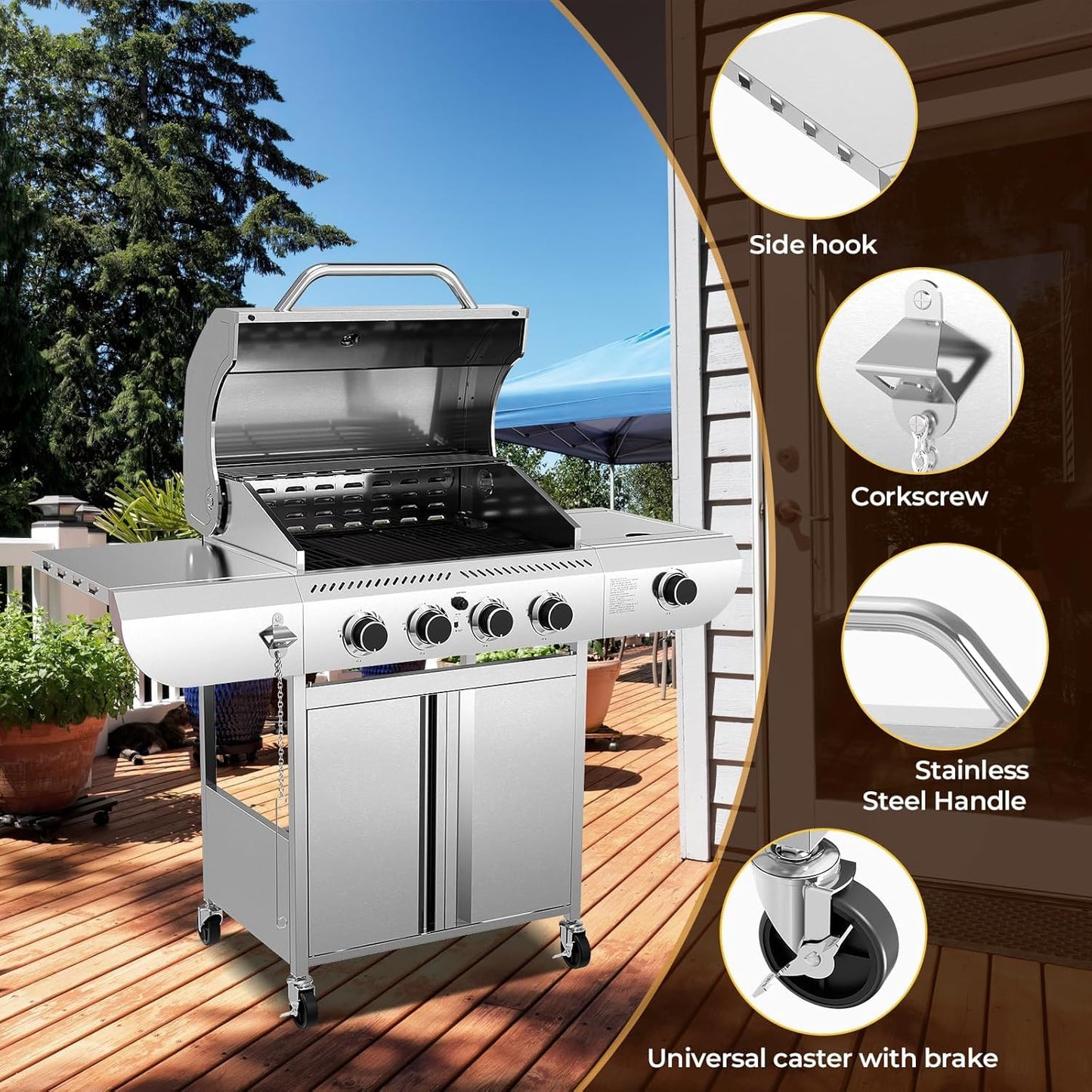 Stainless Steel 4-Burner Propane Grill 42000 BTU Including Side Burner