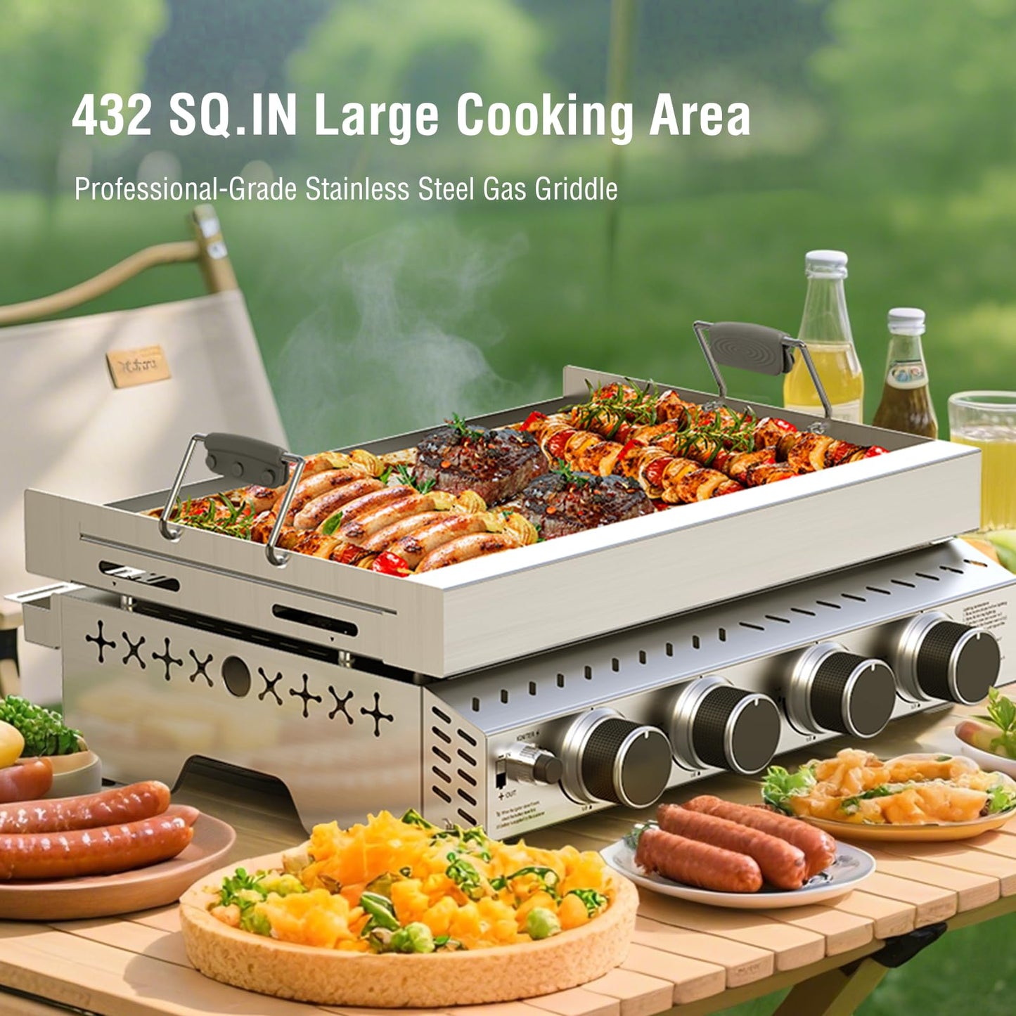 R.W.FLAME 32,000 BTU 4-Burner Tabletop Gas Grill, Stainless Steel with Carry Handle