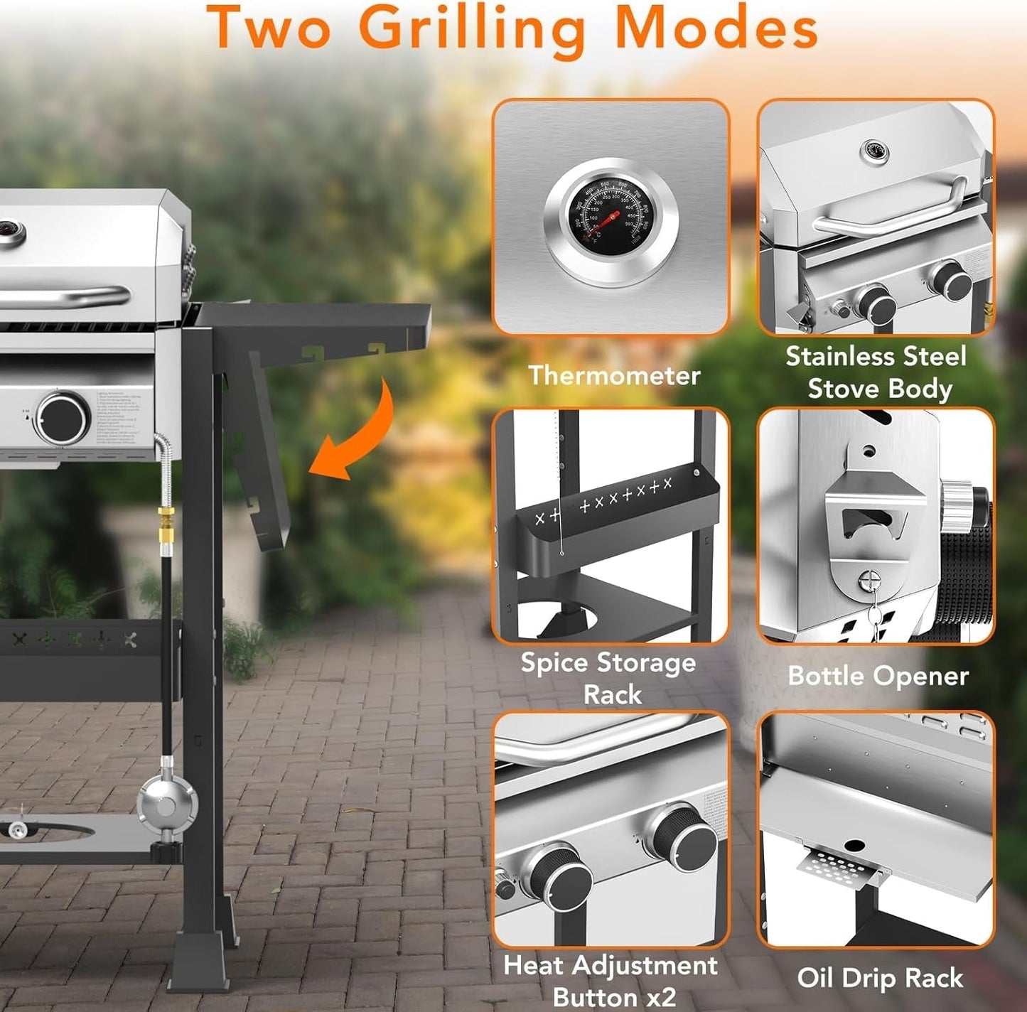 Stainless Steel 2-Burner Propane Gas Grill, 16,000 BTU Featuring Side Storage Shelves