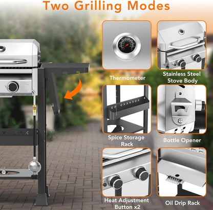 Stainless Steel 2-Burner Propane Gas Grill, 16,000 BTU Featuring Side Storage Shelves