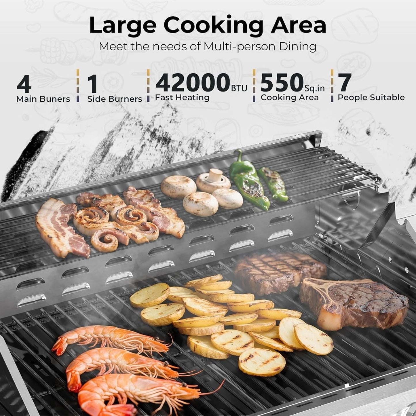 42,000 BTU 4-Burner Propane Gas Grill with Side Burner, Constructed from 304 Stainless Steel