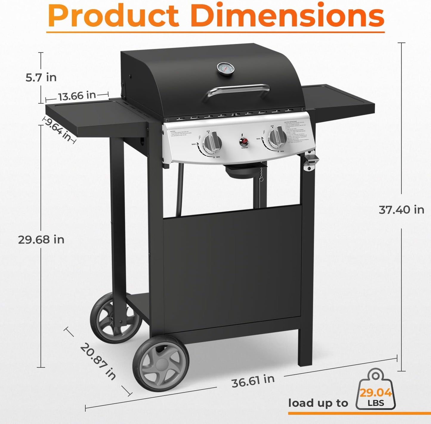 20,000 BTU 2-Burner Propane BBQ Grill, Stainless Steel with Side Shelves & Rolling Wheels