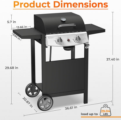 20,000 BTU 2-Burner Propane BBQ Grill, Stainless Steel with Side Shelves & Rolling Wheels