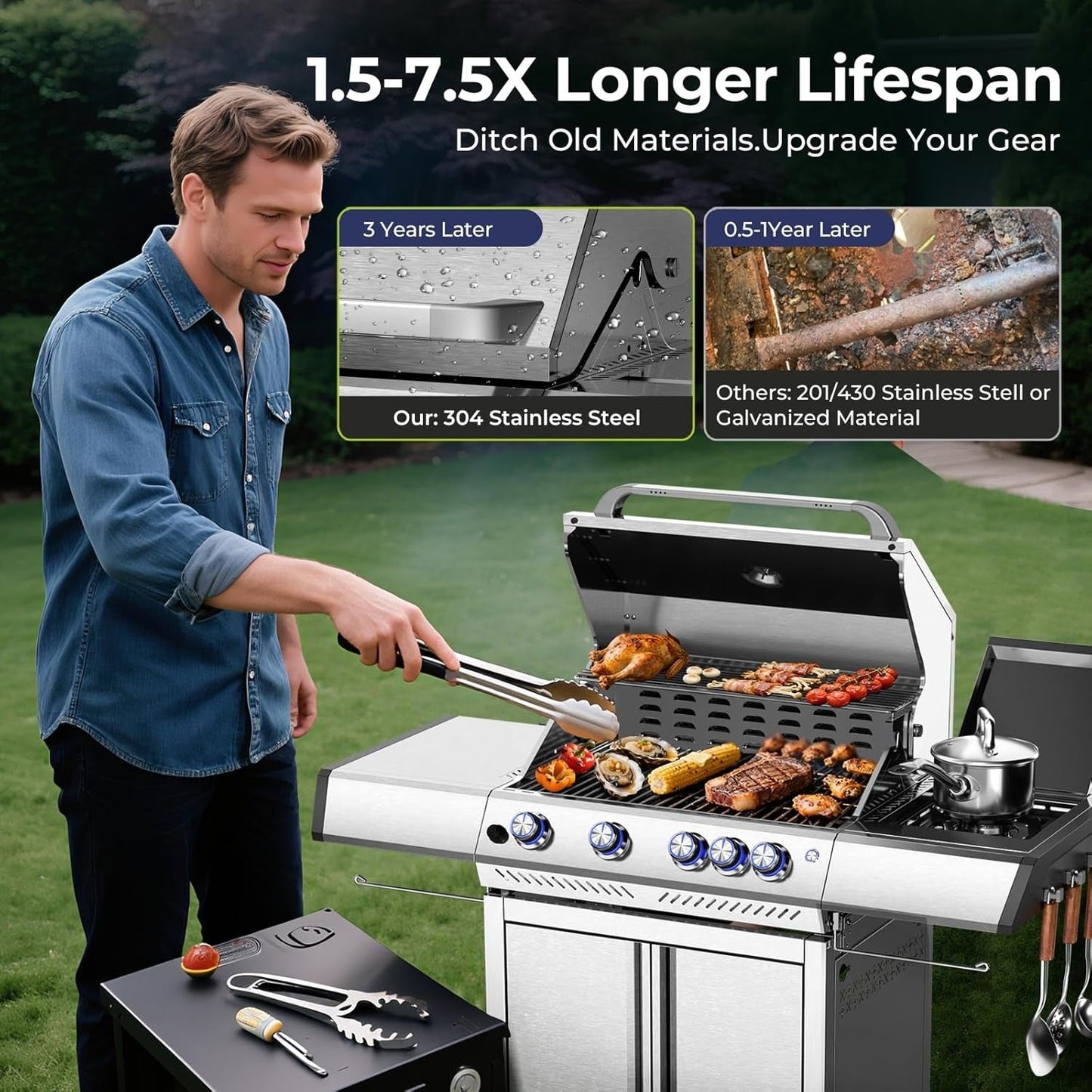 42,000 BTU 4-Burner Propane Gas Grill with Side Burner, Constructed from 304 Stainless Steel
