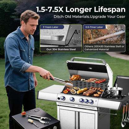 42,000 BTU 4-Burner Propane Gas Grill with Side Burner, Constructed from 304 Stainless Steel