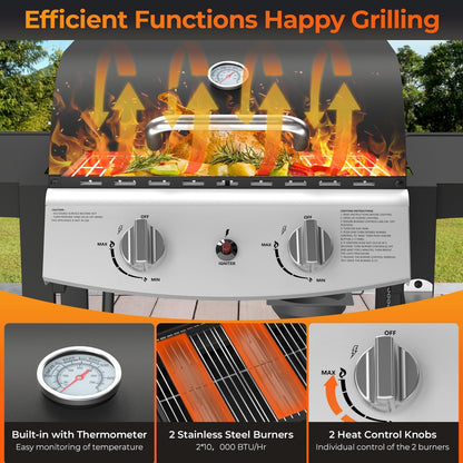 20,000 BTU 2-Burner Propane BBQ Grill, Stainless Steel with Side Shelves & Rolling Wheels