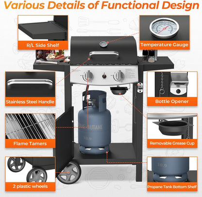 20,000 BTU 2-Burner Propane BBQ Grill, Stainless Steel with Side Shelves & Rolling Wheels