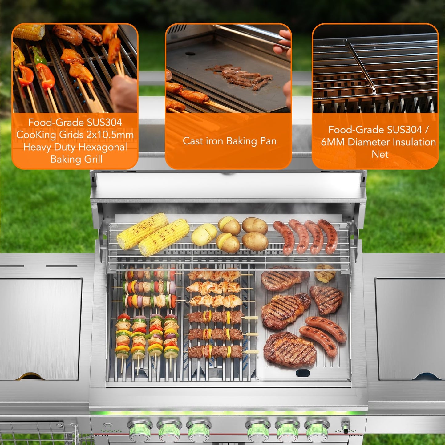 52,000 BTU 6-Burner Propane Gas Grill with LED Lights, SUS304 Stainless Steel Construction