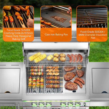 52,000 BTU 6-Burner Propane Gas Grill with LED Lights, SUS304 Stainless Steel Construction