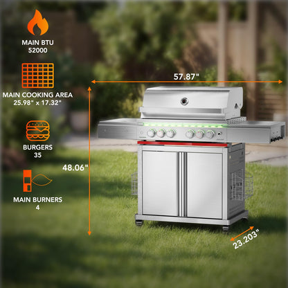 52,000 BTU 6-Burner Propane Gas Grill with LED Lights, SUS304 Stainless Steel Construction