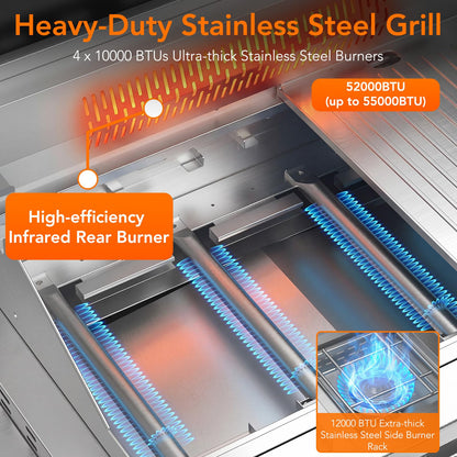 52,000 BTU 6-Burner Propane Gas Grill with LED Lights, SUS304 Stainless Steel Construction