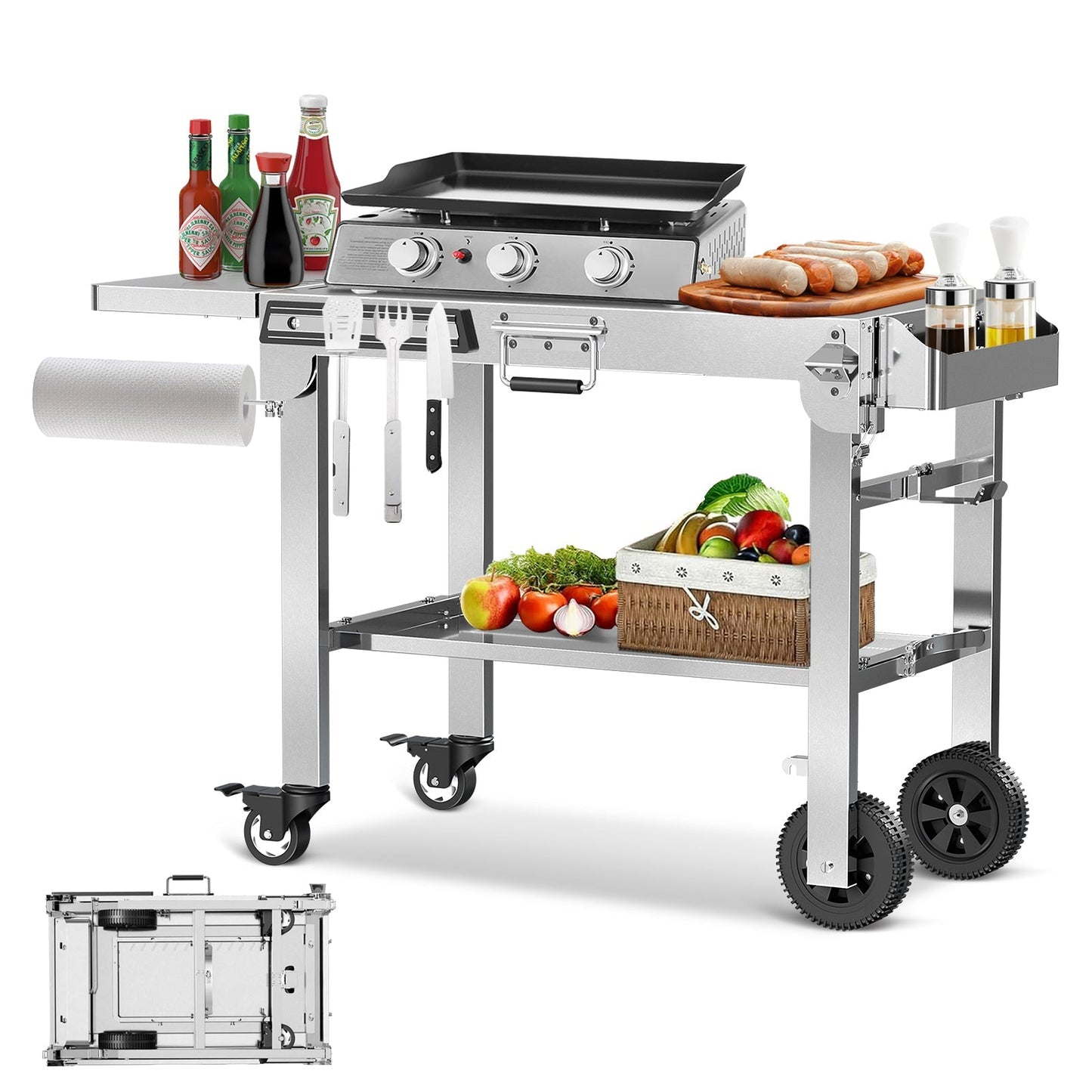 R.W.FLAME Foldable Stainless Steel Grill Table with Rolling Wheels – Ideal for Camping, Tailgating & Cooking